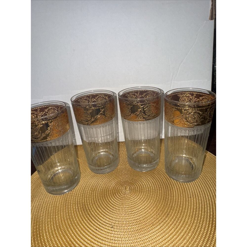 Culver Art Glass Tyrol Four (4) Highball Glasses Gold Encrusted Bands Beautiful